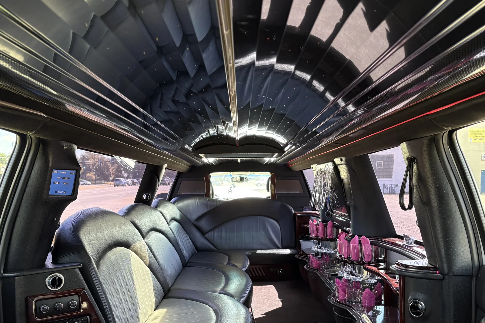 Inside the Cloud 9 stretch limousine - leather seating the length of the cabin with a starlight ceiling